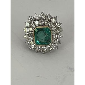 6809 - Vintage Ring In White Gold With Colombian Emerald (certified) And Diamonds