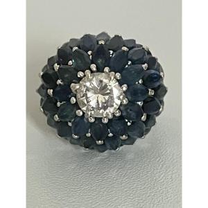 7236 - Vintage Dome Ring In White Gold With Sapphires And Diamonds