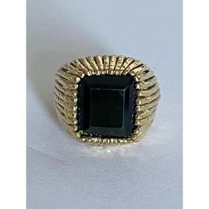 7259 - Vintage Signet Ring In Yellow Gold With Green Tourmaline 4.70 Ct