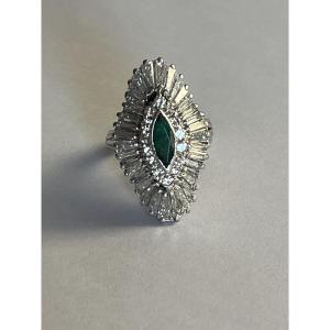 7272- Emerald And Diamond Skirt Ring In Grey Gold