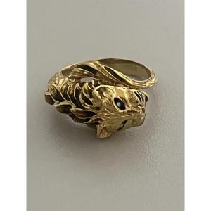7305 - Vintage Lion Ring In Yellow Gold And Enamel