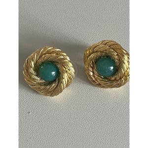 3658 - Vintage Yellow Gold Chalcedony Earrings