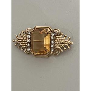 7025 - Vintage Brooch, Yellow Gold Thread, Citrine, Diamonds