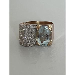 7314 - Tank Ring, Yellow Gold, Aquamarine, Diamonds