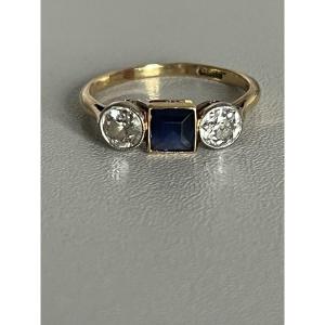 7330 - Vintage Yellow Gold Ring With Synthetic Sapphire And Diamonds