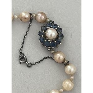 7372 - Akoya Pearl Long Necklace With Grey Gold Clasp, Blue Pearl Stones