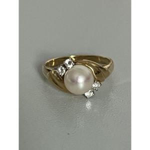 7168 - Yellow And Grey Gold Ring With Akoya Pearl And Diamonds