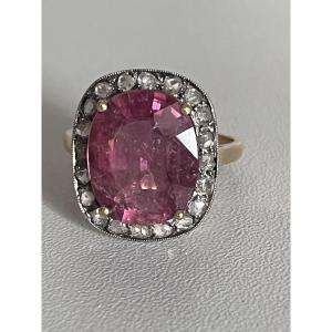7220 - Antique Ring In Yellow And Grey Gold With 5.6 Ct Tourmaline And Diamonds