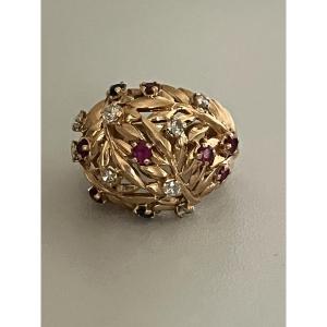 7313 - Vintage Ball Ring In Yellow Gold With Diamonds And Colored Stones