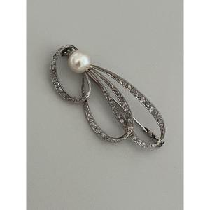 7332 - Vintage Brooch, White Gold, Akoya Pearl, Diamonds