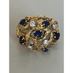 7378 - Yellow Gold Ball Ring With Diamonds And Sapphires