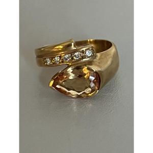 7381 - Vintage Cross Ring In Yellow Gold With Topaz And Diamonds