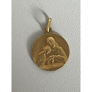 7404b - Yellow Gold Religious Medal Of Christ And The Sacred Heart