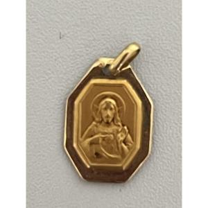 7404c - Yellow Gold Religious Medal Of Christ And The Sacred Heart