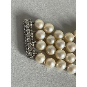 7407 - Aloya Pearl Cuff Bracelet, 4 Rows, White Gold Clasp, Diamonds