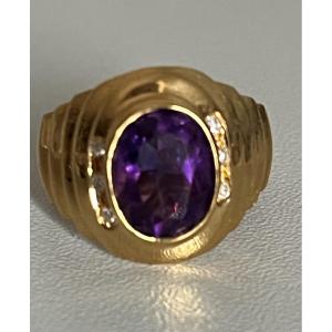 7153 - Vintage Ring Yellow Gold Amethyst Diamonds