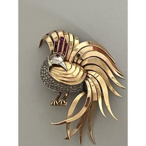 7197 - Vintage Brooch Bird Of Paradise Yellow Gold Diamonds Ruby