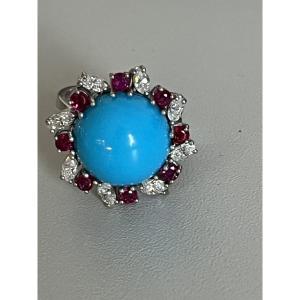7286 - Vintage Platinum Turquoise Ruby Diamond Ring
