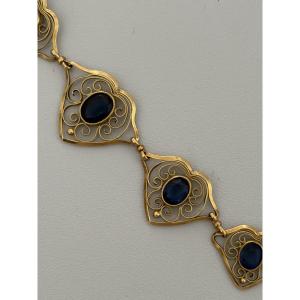 7345 - Antique Yellow Gold Blue Stone Drapery Necklace