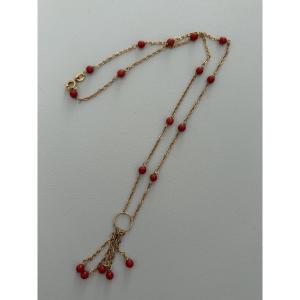 7353 - Yellow Gold Coral Tassel Necklace