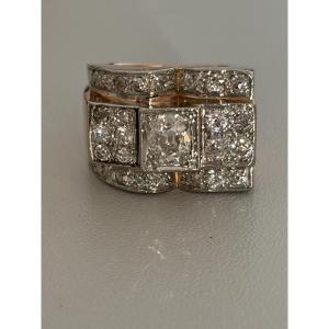 7385 - Ring Tank Yellow Gold Platinum Diamonds (0.70 Ct In The Center)