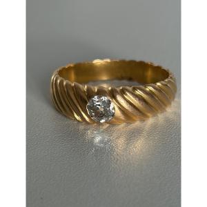 7386 - Vintage Ring Yellow Gold Godronné Diamond 0.70 Ct