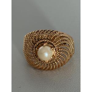 7389 - Dome Ring Yellow Gold Braided Akoya Pearl