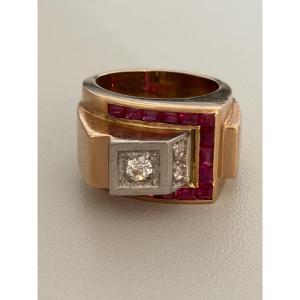 7393 - Yellow Gold And Ruby Grey Diamond Tank Ring