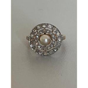 7432 - Antique Target Ring Yellow Gold Platinum Fine Pearl Diamonds