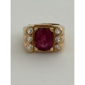 7477 - Ring Tank Yellow Gold Rubellite 4.00 Ct Diamonds