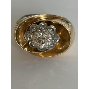 7489 - Ring Tank Yellow Gold Platinum Diamonds (1.20 Ct In The Center)