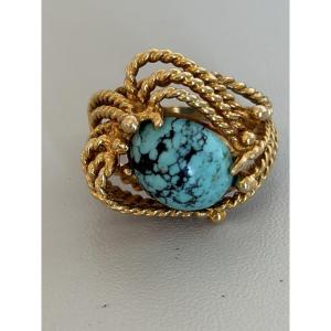 7498 - Vintage Yellow Gold Braided Turquoise Ring