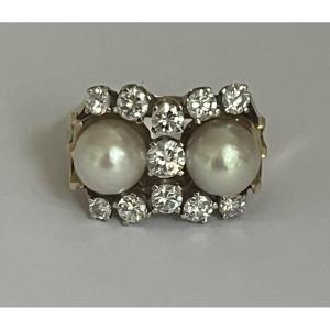 7266 - Vintage Yellow Gold Ring Akoya Pearls Diamonds