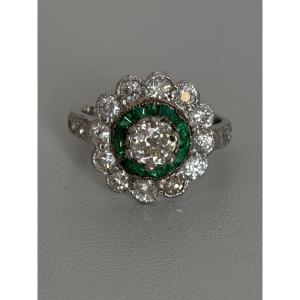7514 - Vintage Daisy Ring White Gold Emerald Diamonds