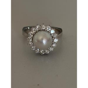 7539 - Vintage Ring White Gold Akoya Pearl Diamonds
