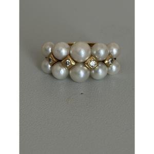 7554 - Vintage Yellow Gold Ring Akoya Pearls Diamonds