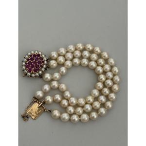 7583 - 3 Strands Akoya Fermori Beads Yellow Gold Natural Ruby Bracelet