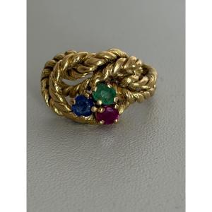 7586 - Vintage Ring Yellow Gold Strung Ruby Sapphire Emerald