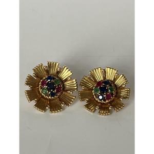 6310 - Vintage Flower Earrings Yellow Gold Precious Stones