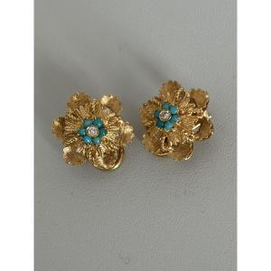 7487 - Vintage Earrings Yellow Gold Turquoise Diamonds