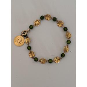 7520 - Rosary Bracelet Yellow Gold Green Beads Virgin Medal