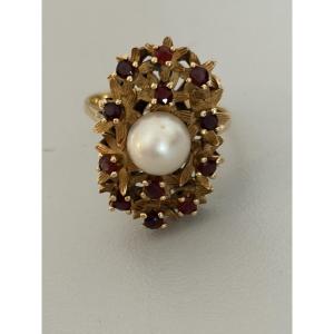 7564 - Yellow Gold Ring Akoya Pearl Red Stones