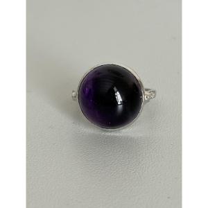 7568 - Vintage White Gold Amethyst Diamond Cabochon Ring