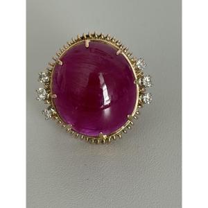 7574 - Vintage Yellow Gold Birman Ruby Diamond Cabochon Ring
