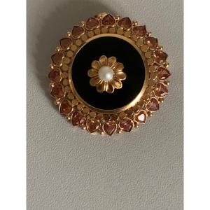 2700 - Yellow Gold Onyx Pearl Citrines Brooch