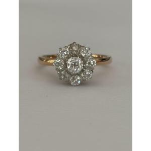 7584- Antique Marguerite Ring Yellow Gold Platinum Diamonds