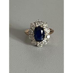 4069- Ring Pompadour Yellow Gold Platinum Sapphire Diamonds