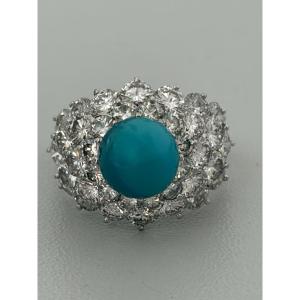 7674 - Vintage Platinum Ring With Turquoise And 3.90 Ct Diamonds