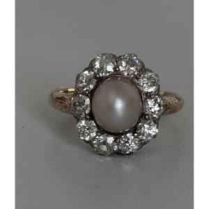 7675 - Vintage Rose Gold Ring With Pearl And Diamonds