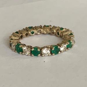 3049- American Wedding Band Yellow Gold Diamonds Emeralds